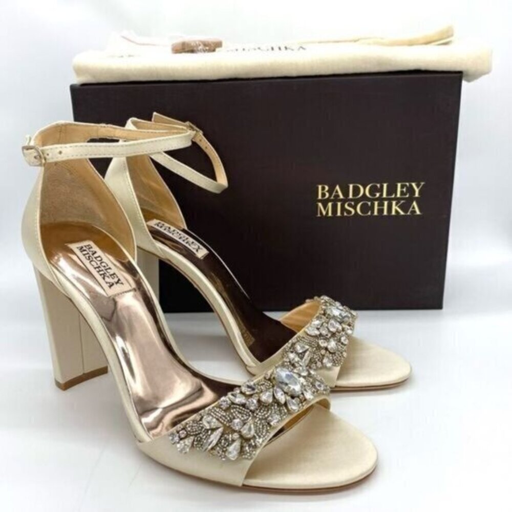 Badgley Mischka Women's Barby Ivory Satin Jeweled Heels New
